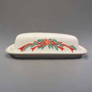 Poinsettia & Ribbons Vintage Christmas Fine China Butter‎ Dish